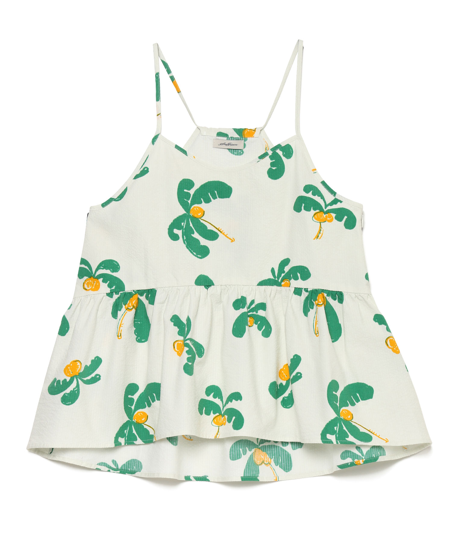 SEAGREEN(シーグリーン) PALM TREE SEERSUCKER TOPS ・夏のファッションにぴったりのパームツリー柄キャミソール ・胸下切り替えで裾に向かって広がるフレアシルエットが女性