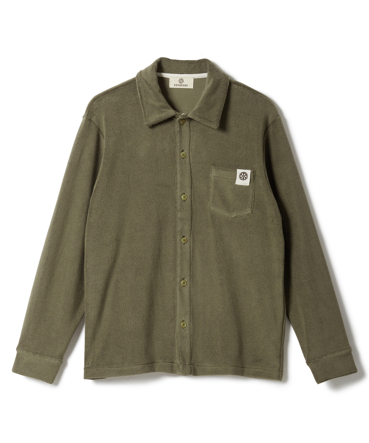 SEAGREEN(シーグリーン) ORGANIC PILE SHIRTS ・素材の上質感を追求した胸ポケット付きシャツ。 ・良質なオーガニックコットンとリサイクルポリエステルを使用。 ・編み機の限界ま